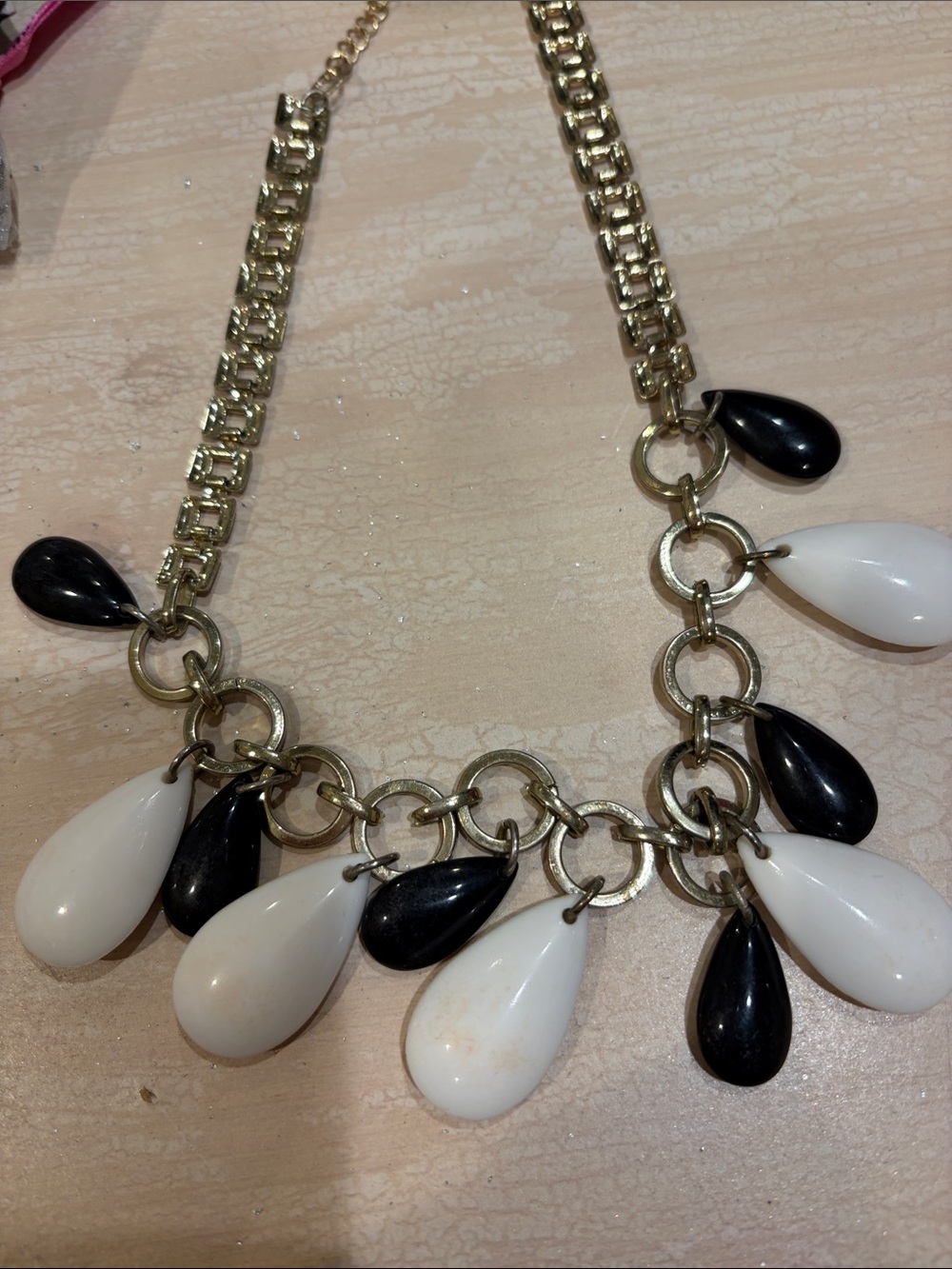 Gold Chain Necklace with Black and White Teardrop Pendants